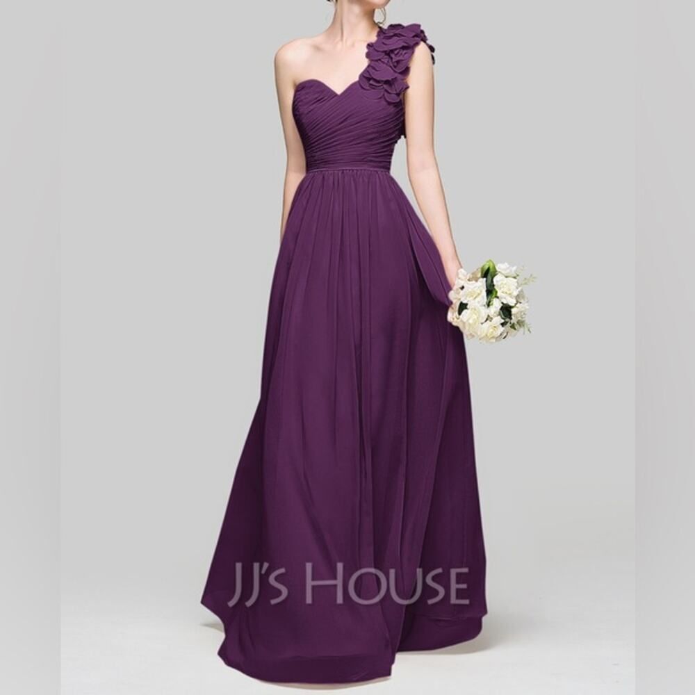 JJ’s House A-Line One-Shoulder Chiffon Grape Maxi Dress With Ruffle Flower Strap